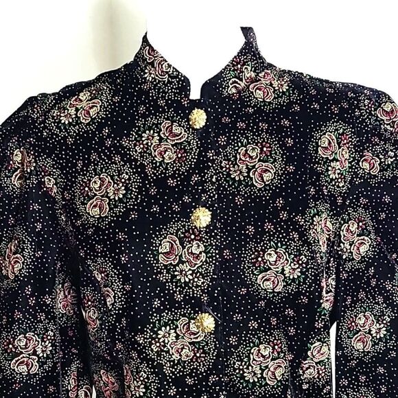 Another Thyme Vintage Black Velvet Jacket, Purple Roses & Dot Design, Sz Medium - Picture 3 of 10